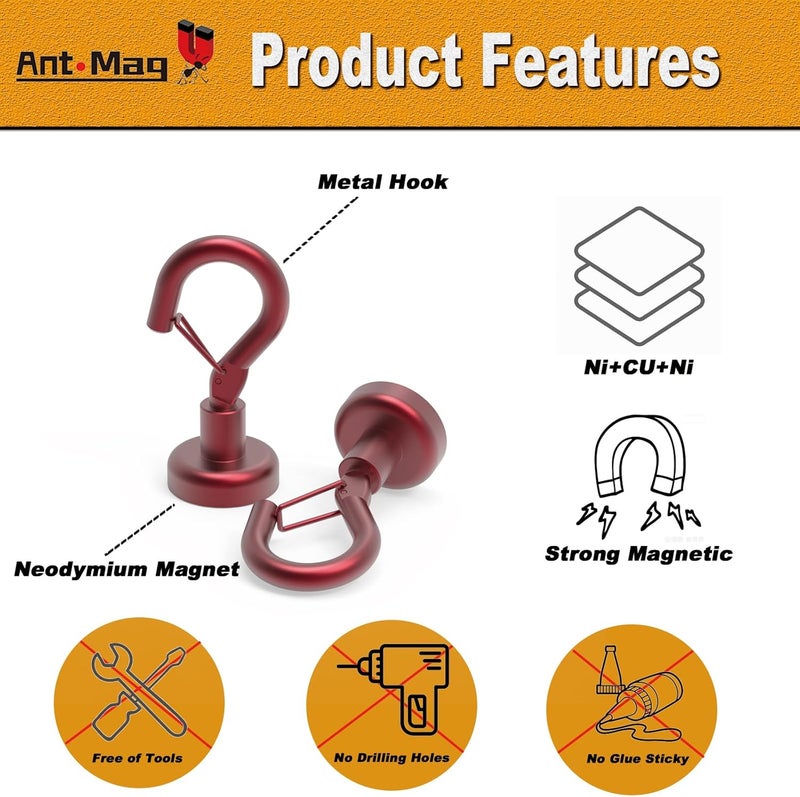 Ant Mag Magnetic Hooks Heavy Duty with Snap 22lbs Strong Red Magnet Hooks Great Hanging for Refrigerator, Cruise Cabin, Grill, Wreath,Kitchen,Office 8 Pack - Image 4